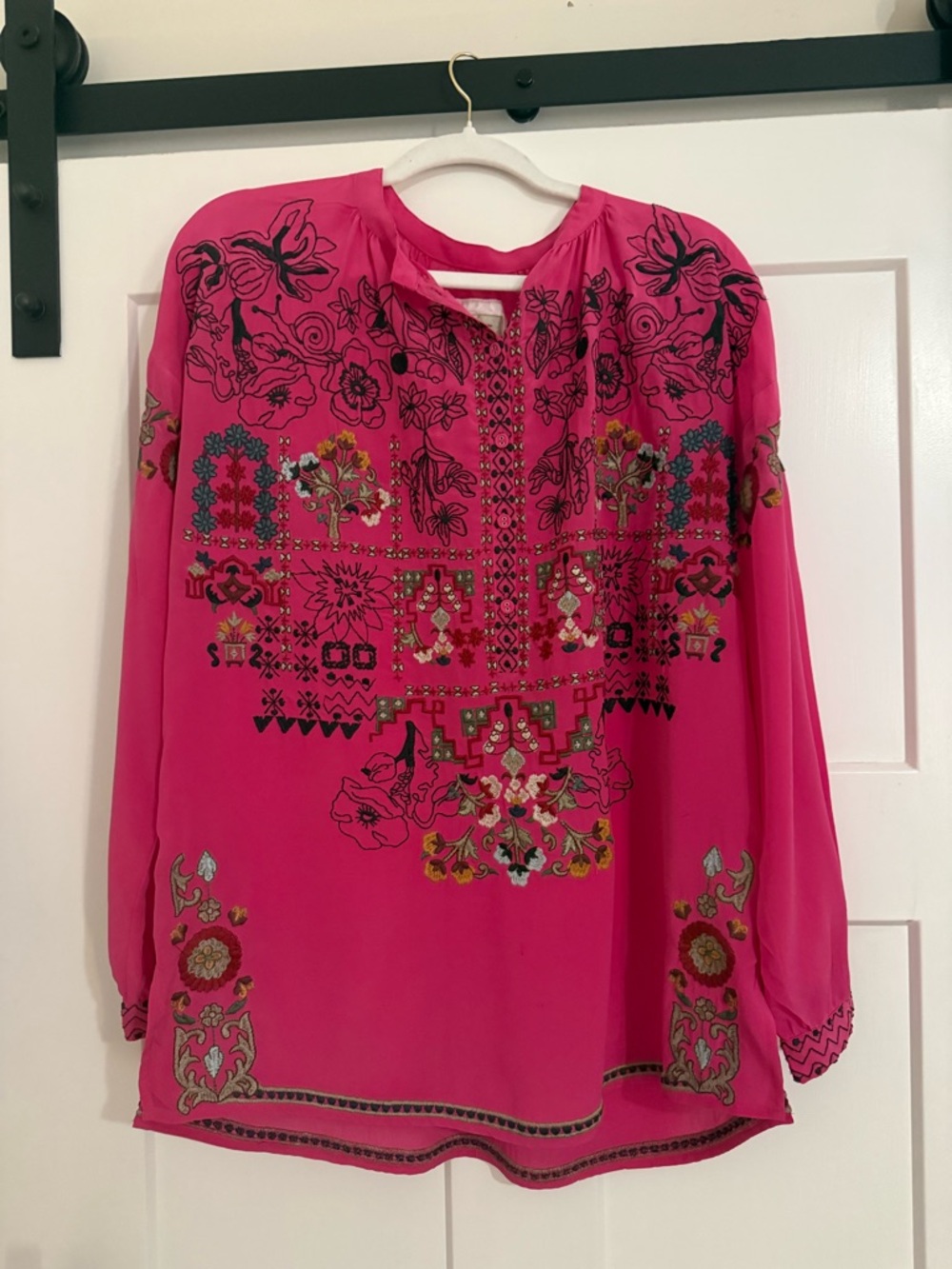 Johnny Was Biya Niccola Bright Pink Embroidered Silk Women’s Blouse EUC G000